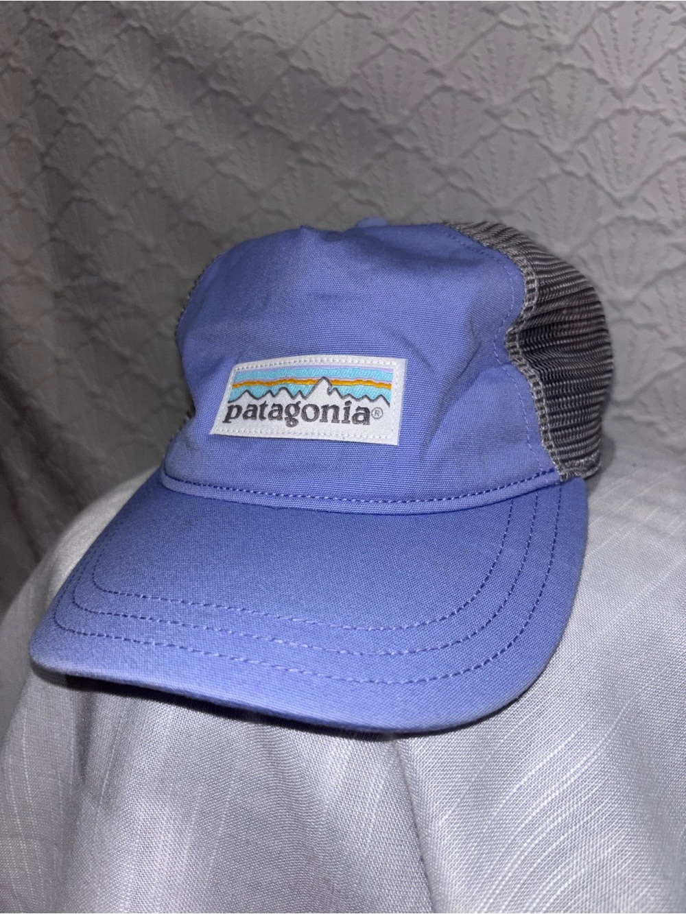 Patagonia Blue Gray Mesh Trucker Hat Snapback Logo Cap Outdoor Hiking